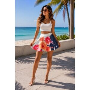 Kashieca Floral Rose Print Skater Mini Skirt Cream Navy Blue Size Medium M